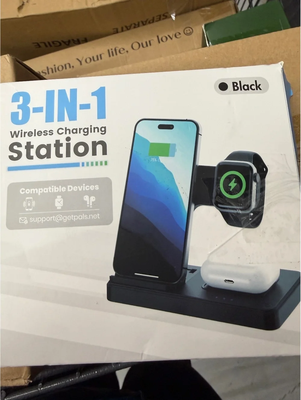 Getpals 3-IN-1 Wireless Charging Station for Phone, Watch, and Earbuds - Black
